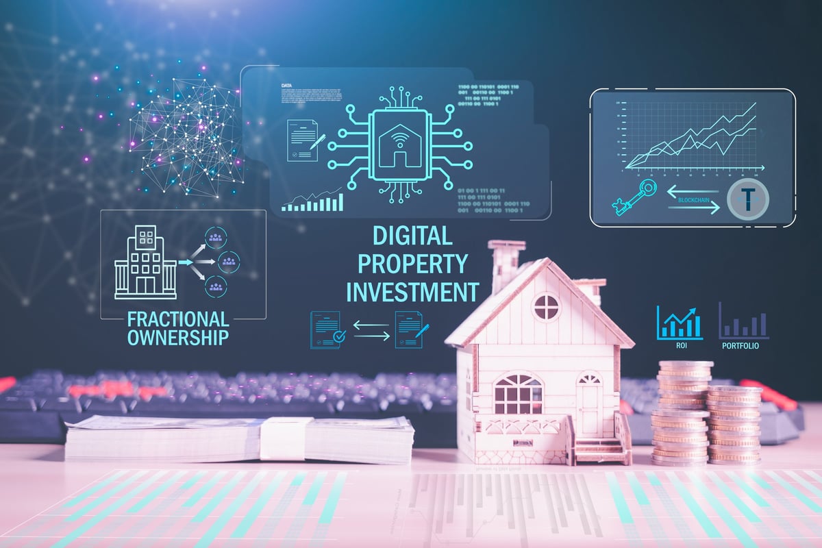 Digital property investment platform with house model, stacks of coins and blockchain data dashboard, enabling fractional ownership, portfolio ROI tracking and secure tokenized real estate trading.